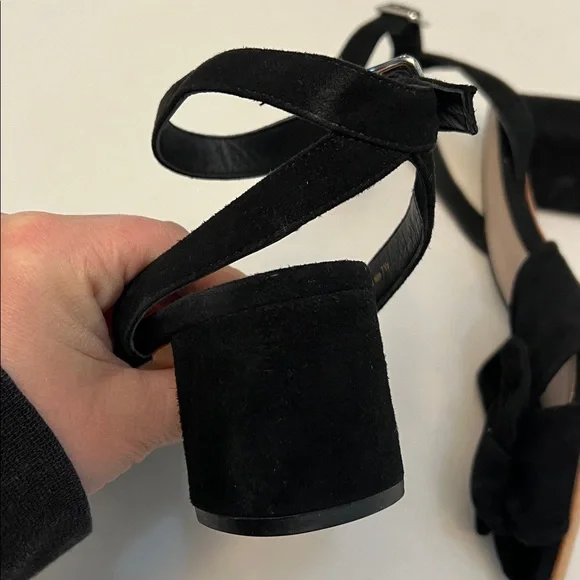 LOEFFLER RANDALL ANKLE STRAP SANDAL HEELS BLACK SUEDE WITH BOW 7.5 - Picture 7 of 12